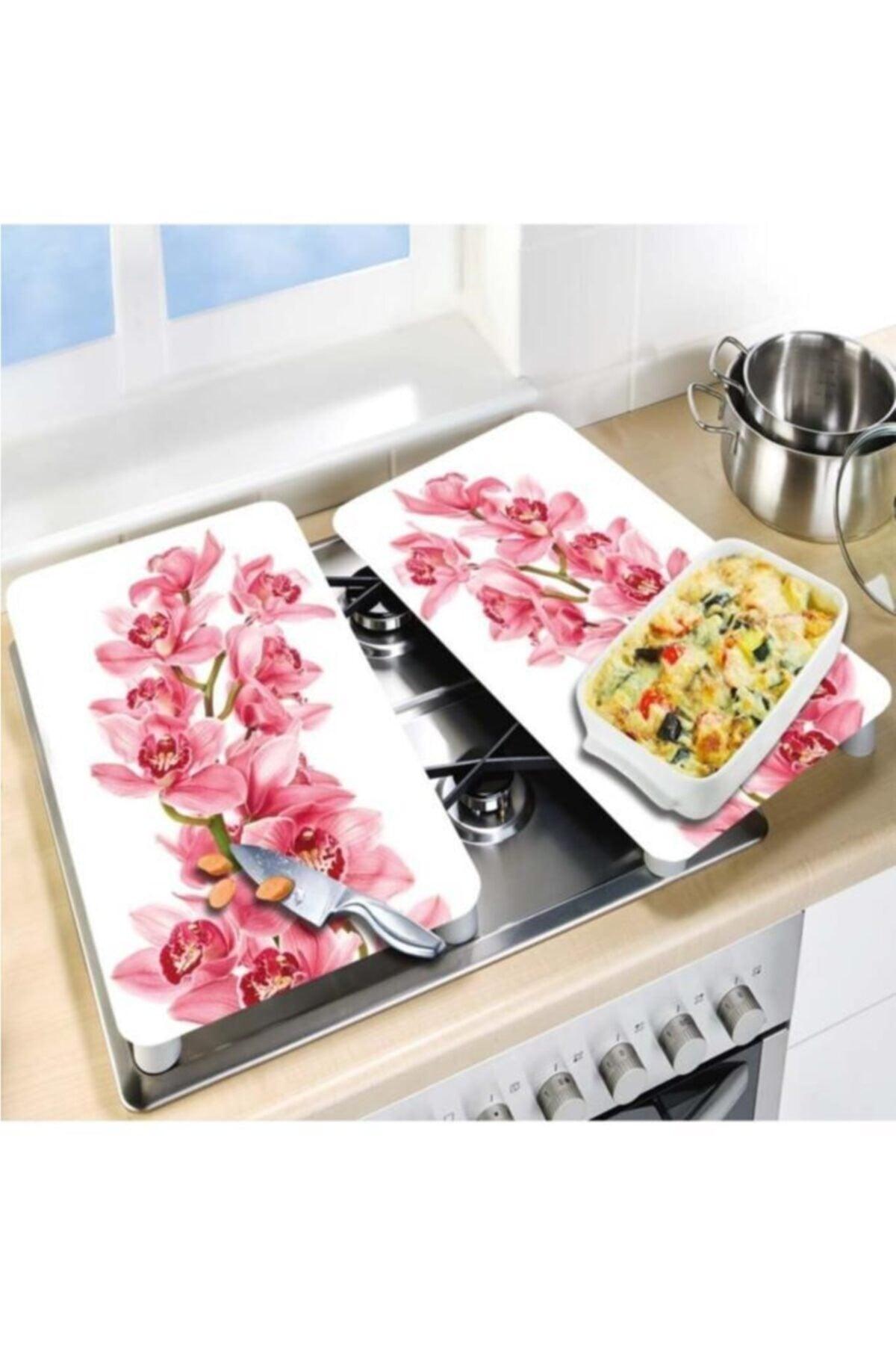 Decorative Glass Stove Protector And Cutting Board Pink Orchid 60cm X 52cm 2 Pieces 4 Cookers - Swordslife