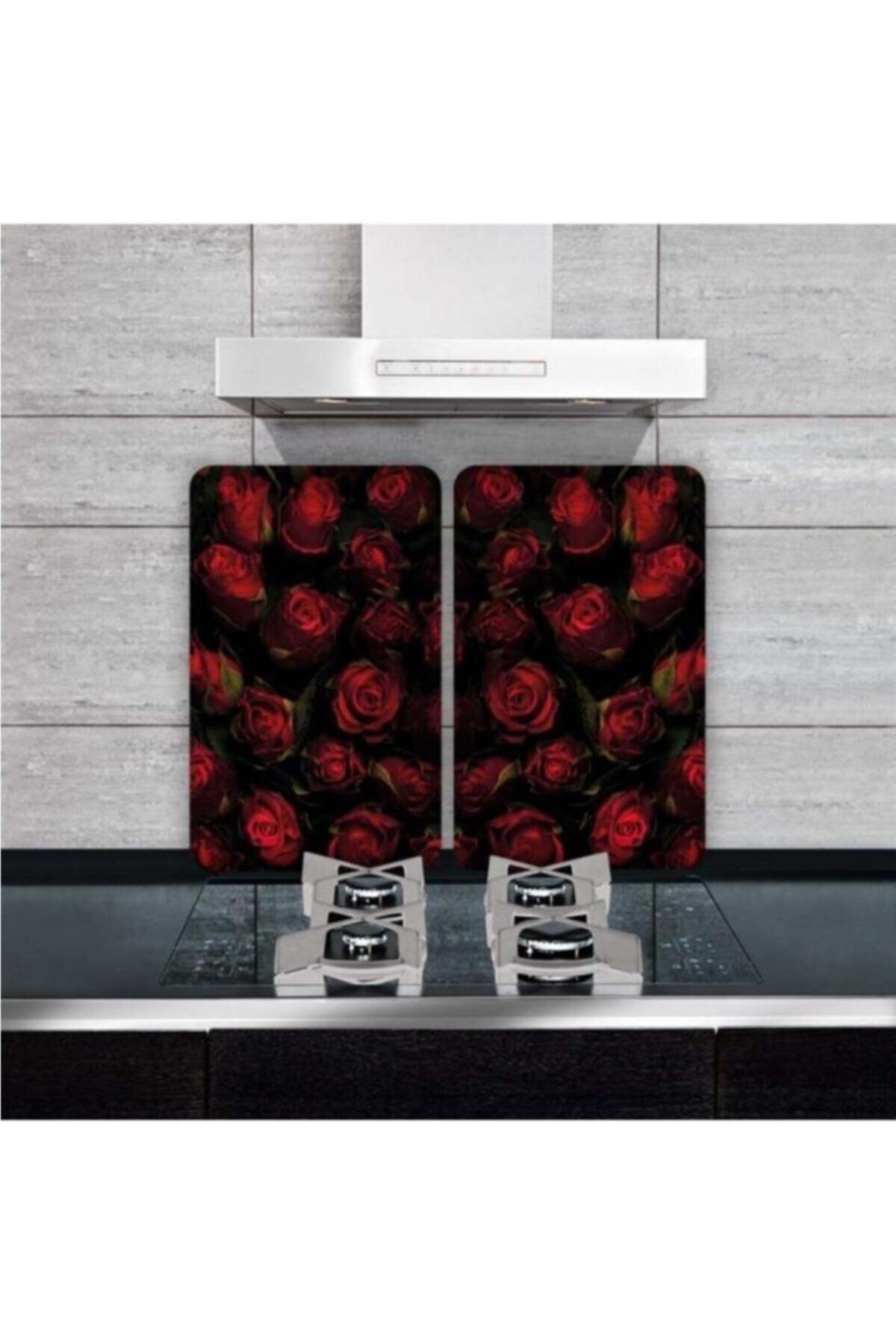 Decorative Glass Stove Protector And Cutting Board Red Roses 60cm x 52cm 2 Pieces 4 Cookers - Swordslife