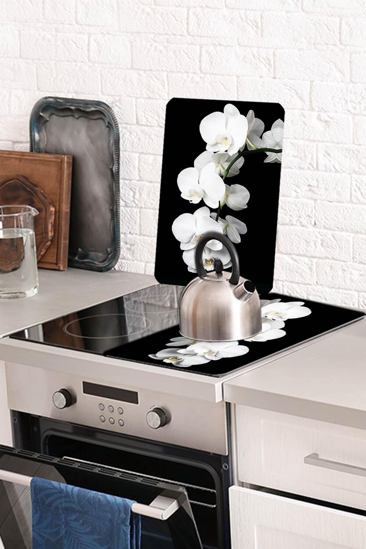 Decorative Glass Stove Protector and Cutting Board White Orchid 60cm X 52cm 2 Pieces, 4 Cookers - Swordslife