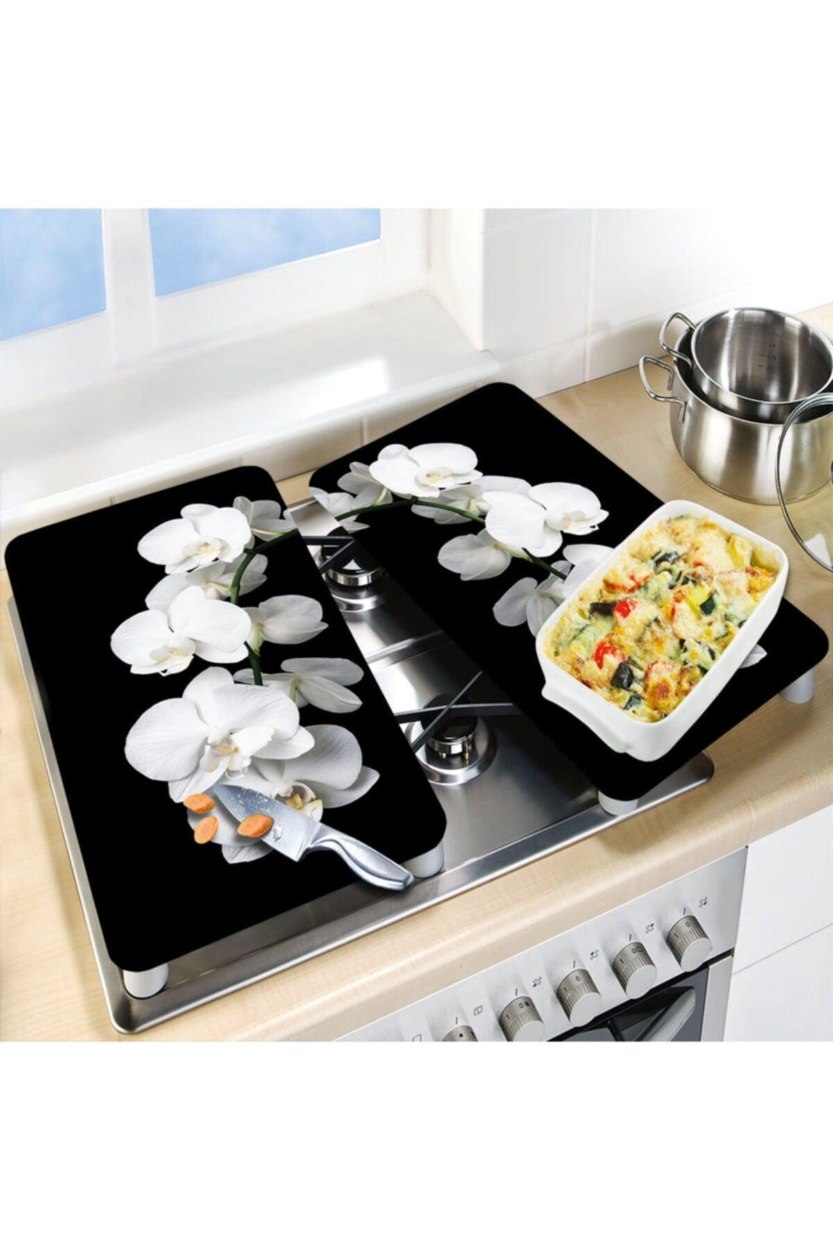 Decorative Glass Stove Protector and Cutting Board White Orchid 60cm X 52cm 2 Pieces, 4 Cookers - Swordslife