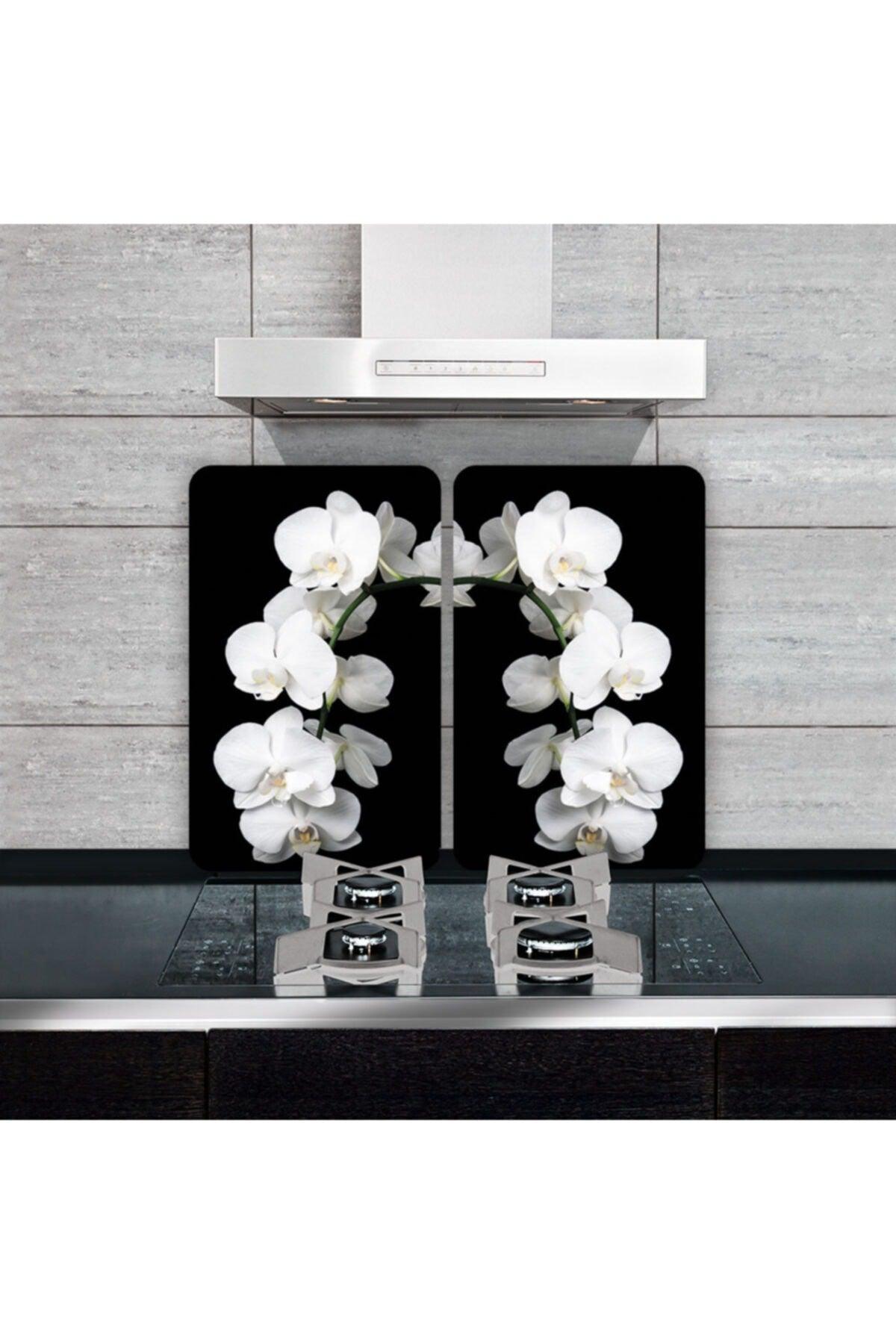 Decorative Glass Stove Protector and Cutting Board White Orchid 60cm X 52cm 2 Pieces, 4 Cookers - Swordslife