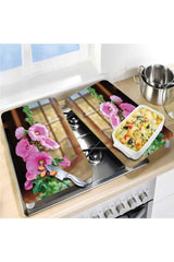 Glass Stove Protector And Cutting Tray Green Pink Flowers (60cm X 52cm) 2 Pieces, 4 Cookers - Swordslife