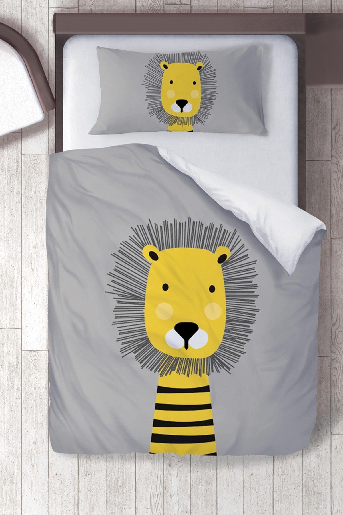 Cotton Micro Satin Gray Yellow Lion Baby Room Baby Duvet Cover Set - Swordslife